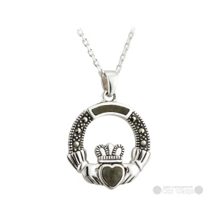 Round Claddagh Marcasite & Connemara Marble Pendant